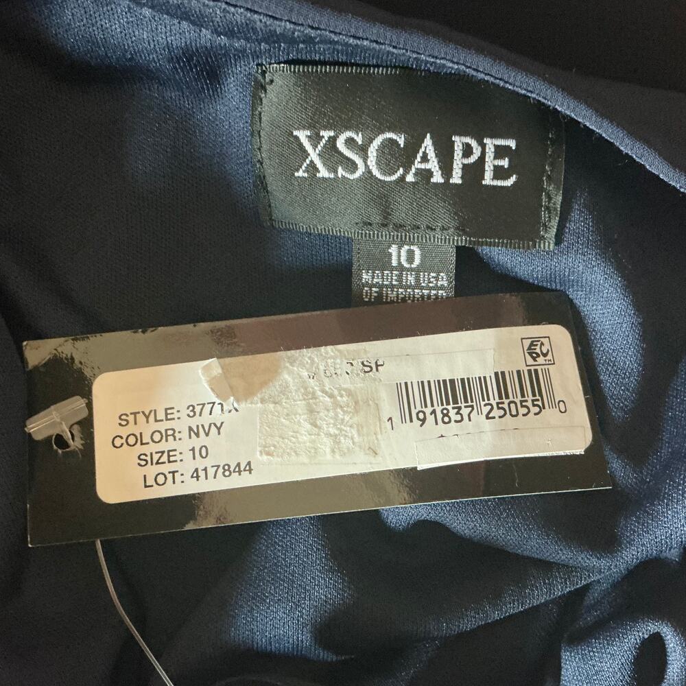 XSCAPE Chiffon Overlay Knit Sheath Embellished Cocktail Dress Navy Blue Size 10 - Picture 10 of 12